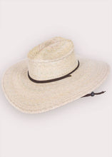 Load image into Gallery viewer, tan hat with wide brim brown stripe and chin strap