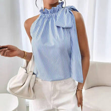 Load image into Gallery viewer, Ruffle Bow Tie Strap Tank Top - Blue with gathered neckline and bow on one shoulder