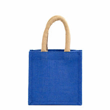 Load image into Gallery viewer, Jute Petite Gift Tote Lapis - small bag made with blue fabric and two tan color handles