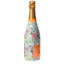 Load image into Gallery viewer, Champagne Bottle covered with the Springtime Serenade Champagne Bottle Wrap side view
