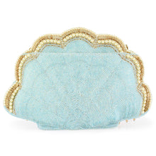 Load image into Gallery viewer, back view of the scalloped sea shell shaped hand bag heavily beaded with blue beads with a gold and pearl trip along the scallops