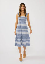 Load image into Gallery viewer, person wearing a Navy & White Stripe Smocked Midi Dress