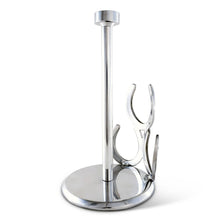 Load image into Gallery viewer, Paper Towel Holder decorated with three horseshoes in a silver color metal and a tall center rod to hold a roll of paper towels - back view to show the horse shoes are smooth on the side facing the towels