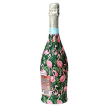 Load image into Gallery viewer, Champagne Bottle covered with the Palm Flamingo Club Bottle wrap back view