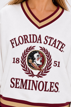 Load image into Gallery viewer, Person wearing a Florida State Heritage V-Neck Pullover close up to show sequins in design