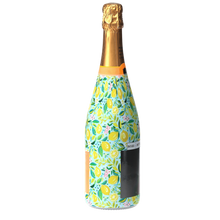 Load image into Gallery viewer, Champagne Bottle covered with the Preppy Lemons Champagne Bottle Wrap side view