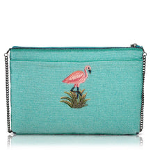 Load image into Gallery viewer, Coastal Notes Tropical Postcard Beaded Crossbody back view with blue beads and a single flamingo
