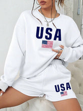 Load image into Gallery viewer, person in Flag Print crewneck sweatshirt & shorts set