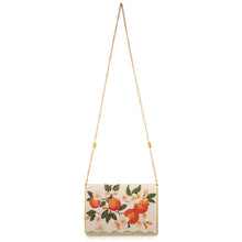 Load image into Gallery viewer, beaded handbag with an orange and orange flower floral design in shades of white, cream, green, and orange with a long metal chain