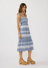 Load image into Gallery viewer, person wearing a Navy & White Stripe Smocked Midi Dress side view