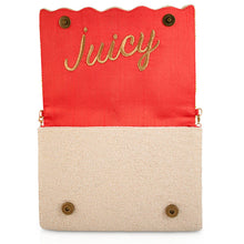 Load image into Gallery viewer, beaded handbag open showing orange interior and text juicy embroidered in gold