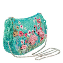 Load image into Gallery viewer, Flirty Flamingos Beaded Pink Flamingos Crossbody Handbag side view