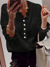 Load image into Gallery viewer, person in Ruffle Collar V-Neck Knit Sweater - Black taking a selfie