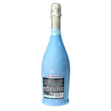 Load image into Gallery viewer, Champagne Bottle covered with the Blue Pearls & Prosecco Prosecco Bottle Wrap back view