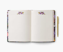 Load image into Gallery viewer, Rifle Paper Garden Party Journal open with lined paper and gold pen