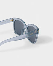 Load image into Gallery viewer, overside transparent blue frames side view showing arms with gold Katie Loxton text