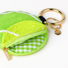 Load image into Gallery viewer, Mary Tennis Ball Beaded Coin Purse Yellow Green open to show green and white interior