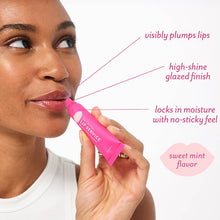 Load image into Gallery viewer, graphic with text visibly plumps lips, high-shine glazed finish locks in moisture with no-sticky feel sweet mint flavor