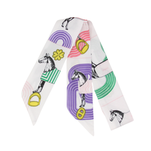 Load image into Gallery viewer, Colorful Equestrian Design Skinny Scarf in black, green, purple, pink and gold on a white background
