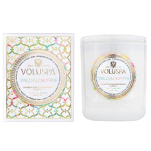 Load image into Gallery viewer, Voluspa Wildflowers Classic Candle in white jar next to branded box