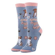 Load image into Gallery viewer, Gray and pink socks with text Dog Mom and images of dogs