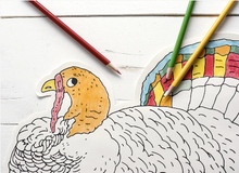 Load image into Gallery viewer, Die-Cut Coloring Turkey Paper Placemat with colored paper