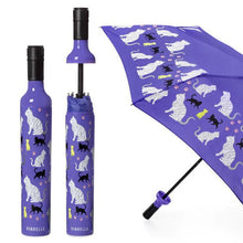 Load image into Gallery viewer, Vinrella pruple umbrella with cat design showing open umbrella, closed bottle container and open container with umbrella