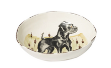 Load image into Gallery viewer, large shallow bowl painted with a black dog