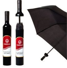 Load image into Gallery viewer, three views of the Vinrella Bottle Umbrella 1 closed in bottle shaped case printed to look like a wine bottle, 2 open to show the handle of the umbrella is the top of the bottle 3 open solid place umbrella