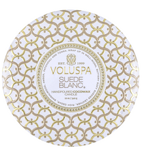 Load image into Gallery viewer, Voluspa Suede Blanc 3 Wick Tin Candle tin container