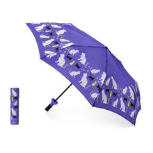 Load image into Gallery viewer, Vinrella Purrfection Bottle Umbrella with case next to it with matching pattern