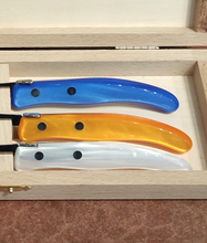 Load image into Gallery viewer, Claude Dozorme Berlingot Boxed Breakfast Knife Set - White/Orange/Bright Blue - Set of 3 - 7.5"L to 9"L