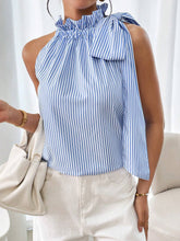 Load image into Gallery viewer, Fashion Striped Lace High Collar Tied Sleeveless Top in blue and white stripes
