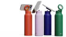 Load image into Gallery viewer, Several Ringo Pro Regular (24oz) Water Bottles and the Adaptor Rings holding phones
