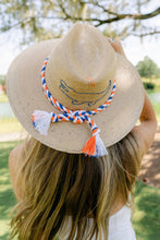 Load image into Gallery viewer, Tipsy Threads Natural Palm Sun Hat with embroidered gator and white orange and blue cord
