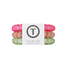 Load image into Gallery viewer, stack of three TELETIES Summer Crush Hair Ties - Large one light green, green and pink stripes, and one pink
