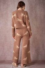 Load image into Gallery viewer, Brown and tan Horse Sweater Lounge Set - long sleeve top and long pants back view
