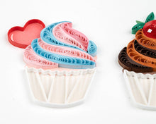 Load image into Gallery viewer, quilled cupcake with pink and blue frosting and a heart
