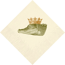Load image into Gallery viewer, cream color paper napkin with green gator head wearing a gold crown
