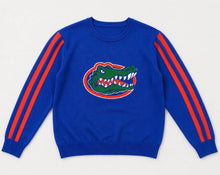 Load image into Gallery viewer, Florida Gators AirKnit Long Sleeve Blue Sweater with the gator logo and orange stripes on the arms
