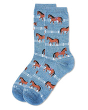 Load image into Gallery viewer, blue sock with brown horse design
