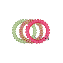 Load image into Gallery viewer, three TELETIES Summer Crush Hair Ties - Large one light green, green and pink stripes, and one pink
