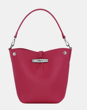 Load image into Gallery viewer, Red/Pink Longchamp Le Roseau Crossbody X-Small Bucket Bag with silver color hardware
