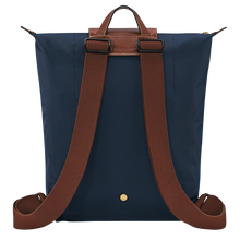 Load image into Gallery viewer, Longchamp Le Pliage Original Backpack in navy with brown leather trimming back view showing fabric straps 
