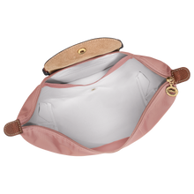 Load image into Gallery viewer, Longchamp Le Pliage Original Backpack - Medium in Pink Tea open to show white interior 
