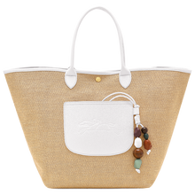 Load image into Gallery viewer, Longchamp Le Pliage Collection Panier Ceramique Large Basket Bag  with White leather accents and stone tassels
