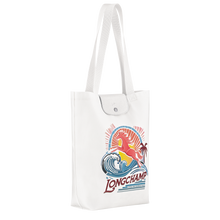 Load image into Gallery viewer, white bag with colorful horse and ocean waves logo side view showing width
