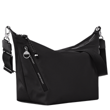 Load image into Gallery viewer, Longchamp Le Pliage Energy Crossbody Bag in Black showing silver zipper pulls and black removable straps  size view to show branded zippers and width of the bag
