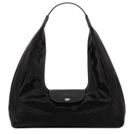 Longchamp Le Pliage Xtra Glossy Leather Shoulder Bag M in glossy black with silver hardware