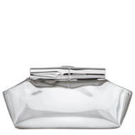 glossy silver clutch with silver metal hardware